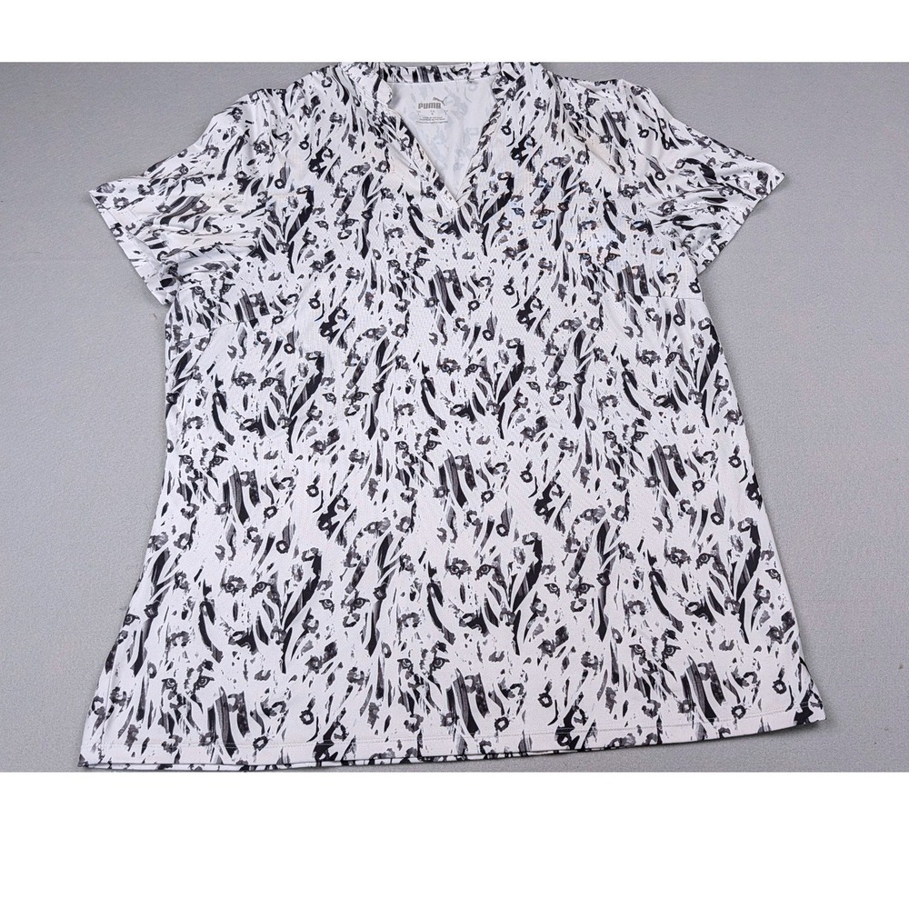 Puma Womens Golf Polo Shirt Large Black White Abstract Animal Print V-Neck Top